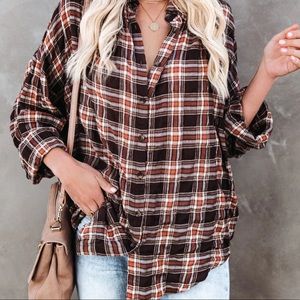 ◾️ journee crinkle cotton plaid button down - brown